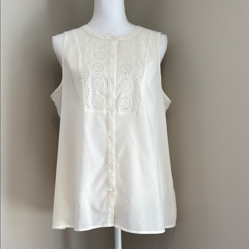 LOFT | Eyelet Lace Button Sleeveless Shirt Blouse Top | Ivory/Cream | Large